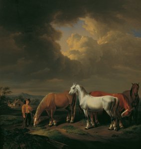 Vijf akkerpaarden door Johann Baptist Michael Dallinger von Dalling