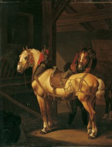 Twee trekpaarden in de stal door Johann Baptist Michael Dallinger von Dalling