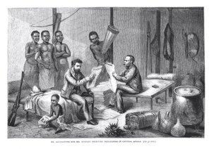 Dr. David Livingstone (1813-73) en Mr. Henry Morton Stanley (1841-1904) ontvangen kranten in Centraal-Afrika, gegraveerd door Pearson