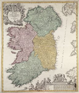 Kaart van Ierland met de provincies Ulster, Munster, Connaught en Leinster, door Johann B. Homann, ca.1730 (handgekleurde gravure)