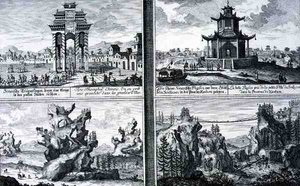 Vier Zichten van een Chinese Triomfboog, een Pagode in Sinkicien in de Provincie Xantum, Kunstmatige Bergen en Grotten en een Kettingbrug nabij de stad Kingtung, China, uit 