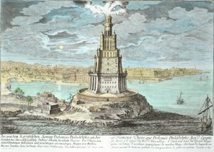 Vuurtoren van Alexandrië, gebouwd door Ptolemaeus de Grote, Egypte, uit Entwurf einer historischen Architektur, gegraveerd door Johann Adam Delsenbach, 1721