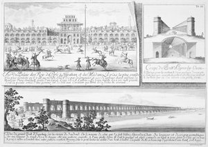 Het Koninklijk Paleis in Isfahan, een dwarsdoorsnede van de Alyverdy-Chan Isfahan Brug en een uitzicht op de Alyverdy-Chan Isfahan Brug, uit Entwurf einer historischen Architektur, gegraveerd door Johann Adam De door Johann Bernhard Fischer von Erlach
