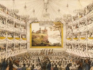 Oostenrijk, Wenen, Interieur van het Theater an der Wien, ingekleurde prent door J.C. Schoeller