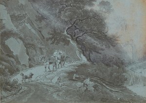 Boer met paard en wagen op bospad tijdens onweer