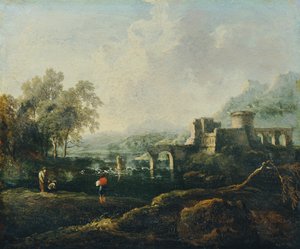 Ideaal landschap met rivier en brugruïne (De Morgen)