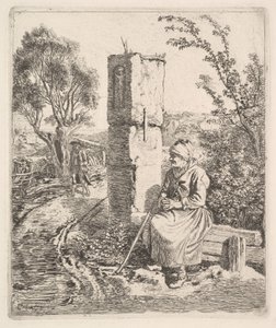 Een oude dame zittend bij een pilaar aan de kant van de weg, 1819 door Johann Christian Erhard