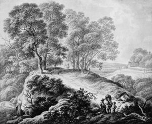 Landschap met figuren en weg tussen hoge bomen door Johann Christian Klengel