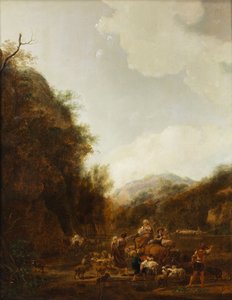 Berglandschap met herders en vee bij de drinkbak door Johann Christian Klengel