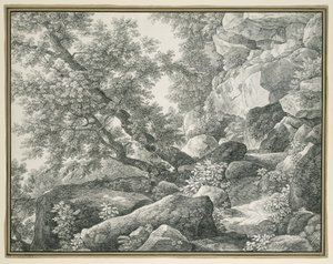 Rotslandschap met bomen door Johann Christian Reinhart