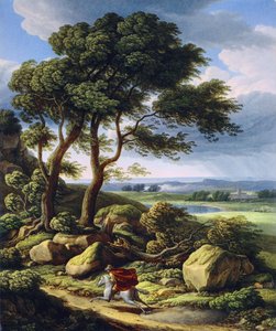 Duits: Stormachtig landschap met ruiter.