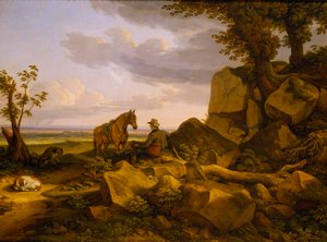 Italiaans landschap met rustende jager, zelfportret door Johann Christian Reinhart