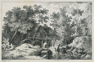 Landschap met watermolen (eerste poging tot kopergravure) door Johann Christian Reinhart