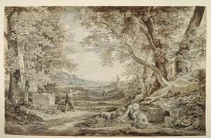 Landschap met antieke monumenten („De uitvinding van het Korinthische kapiteel“) door Johann Christian Reinhart