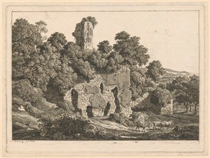 Landschap - Ruïnes van de villa van Ventidio Basso in Tivoli door Johann Christian Reinhart