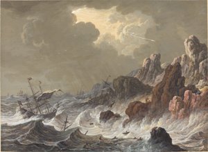 Stormachtige Schepen Vergaan op een Rotsachtige Kust door Johann Christoph Dietzsch