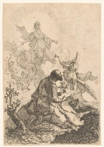 Johannes krijgt op Patmos een visioen waarin de heilige maagd de zevenkoppige draak verslaat door Johann Cimbal