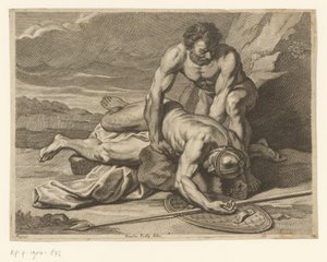 Een man neemt het lijk van een Romeins speerdrager in de armen