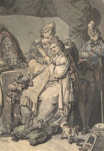 Een vrouw bij haar toilet met een dienstmeid, een jongen, een hond en een jonge soldaat, verso: een schets door Johann Eleazar Schenau