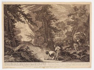 God ontdekt dat Adam en Eva van de boom hebben gegeten door Johann Elias Ridinger