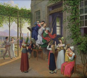 Jongeren spelen op een schommel in een tuin nabij Napels, 1823 door Johann Erdmann Hummel
