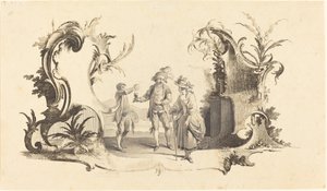 Moderne cartouche met een jong stel dat wijn krijgt geserveerd door Johann Esaias Nilson