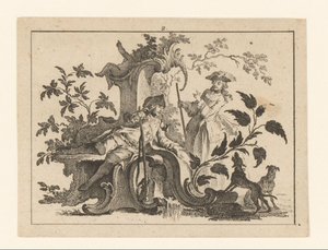Pijprokende man met geweer en vrouw met twee honden op een rococo-ornament door Johann Esaias Nilson