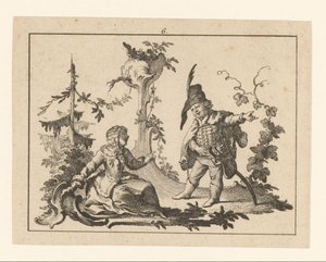 Zittende vrouw met naast haar een staande man met pijp op een rococo-ornament