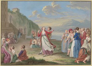Italiaanse plattelandsbewoners vermaken zich aan de oever van het meer met spel en dans, met hoge bergen op de achtergrond door Johann Friedrich August Tischbein