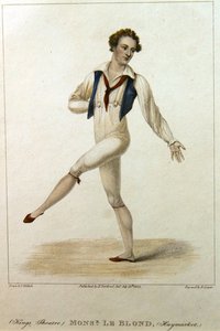 Portret van Monsieur Le Blond, een danser in het Haymarket Theatre, Londen, dansend met uitgestrekte arm en been, gegraveerd door R. Cooper