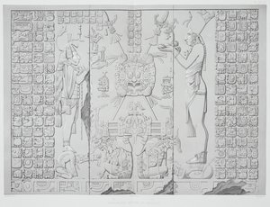 Reliëf dat een priester met offers toont uit het Heiligdom van de Tempel van de Zon, Palenque, platen 29 en 30 uit Oude Monumenten van Mexico, gegraveerd door Werner, 1866