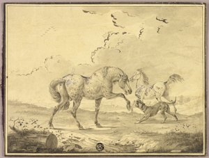 Twee paarden vechten met hond