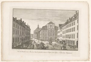 Gezicht op een vismarkt in Keulen met de Sint-Petruskerk