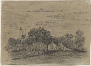 Landschap met boerderij en toren door Johann Georg Schwartze (possibly)