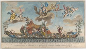 De rijkelijk versierde eerste gondel van Francesco Antonio Berka die Venetië binnenkomt, Goden op cl... door Johann Georg Wolfgang
