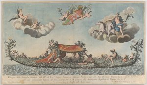De rijkelijk versierde tweede gondel van Francesco Antonio Berka die Venetië binnenkomt, ca. 1700