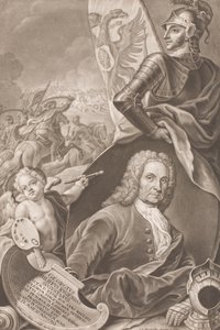 Borstbeeld van de Schilder Georg Philipp Rugendas met Slagveld op de Achtergrond door Johann Gottfried Haid