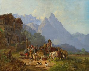Heinrich Bürkel Bergdorp met fontein c1845