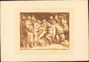 Stervende Epaminondas door Johann Gottlieb Prestel after Polidoro da Caravaggio