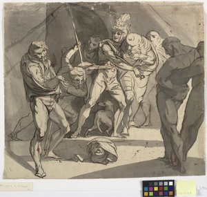 Richard Plantagenet gooit het afgehakte hoofd van de hertog van Somerset aan de voeten van zijn vader. Illustratie voor Shakespeare