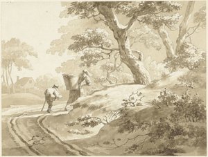 Landschap met vrouw en jongetje op een landweg door Johann Heinrich Keller (II) (possibly)