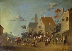 Boeren verzamelen zich in een dorp door Johann Heinrich Keller