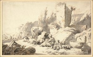 Een veedrijver met zijn familie en vee naast klassieke ruïnes door Johann Heinrich Roos