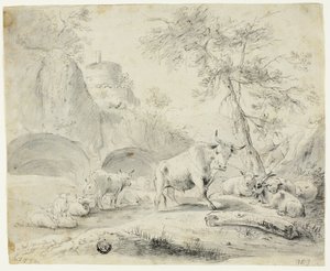 Landschap met herder en schapen, geit, vee