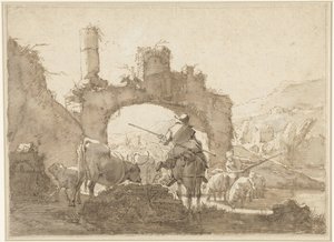 Twee herders drijven hun vee door een rivier door Johann Heinrich Roos