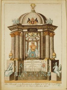 Grafmonument (Castrum Doloris) opgericht door de burgers van Wenen voor de requiemmis voor de keizer (gravure) door Johann Hieronymus Loeschenkohl