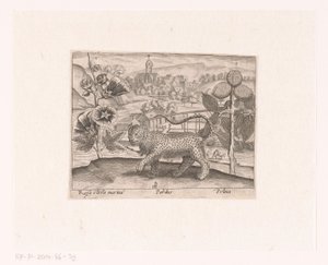 Serie prenten met bloemen en dieren in een landschap (Landschap met stokroos, luipaard en pruimenboom) door Johann Hogenberg