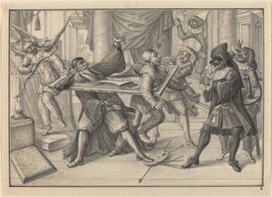 Mezzetin en Harlekijn gebruiken het schilderij om Pantaloon en Pierrot te vangen