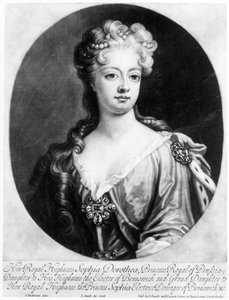 Sophia Dorothea, koningin van Pruisen, gegraveerd door John Smith, 1706