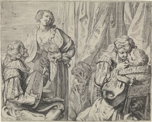 Jonge liefdesparen en een dwaas in een interieur